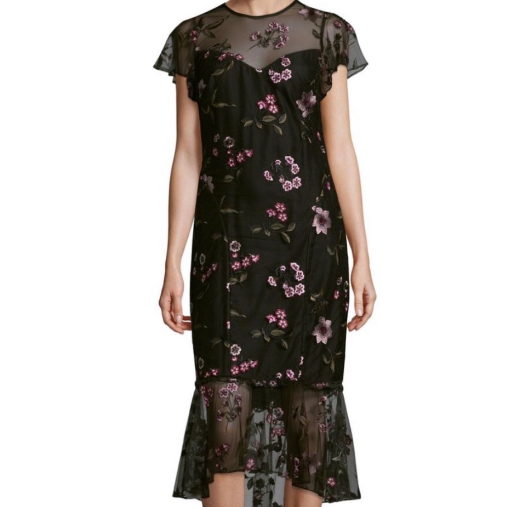 Shoshanna x Anthropologie 8 / M Black Embroidered Floral Flounced-Hem Midi Dress